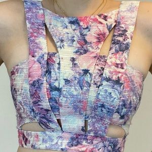 Shimmery floral cut-out crop top. By Zio New York